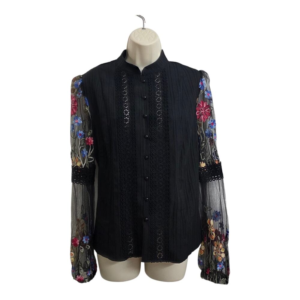 Black Embroidered Blouse Lace Trim Button Front Boho Long Sleeve Sheer Size L